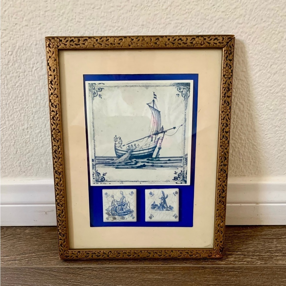 Vintage Delf Tile Of Well Framed Metal Frame 8/10”